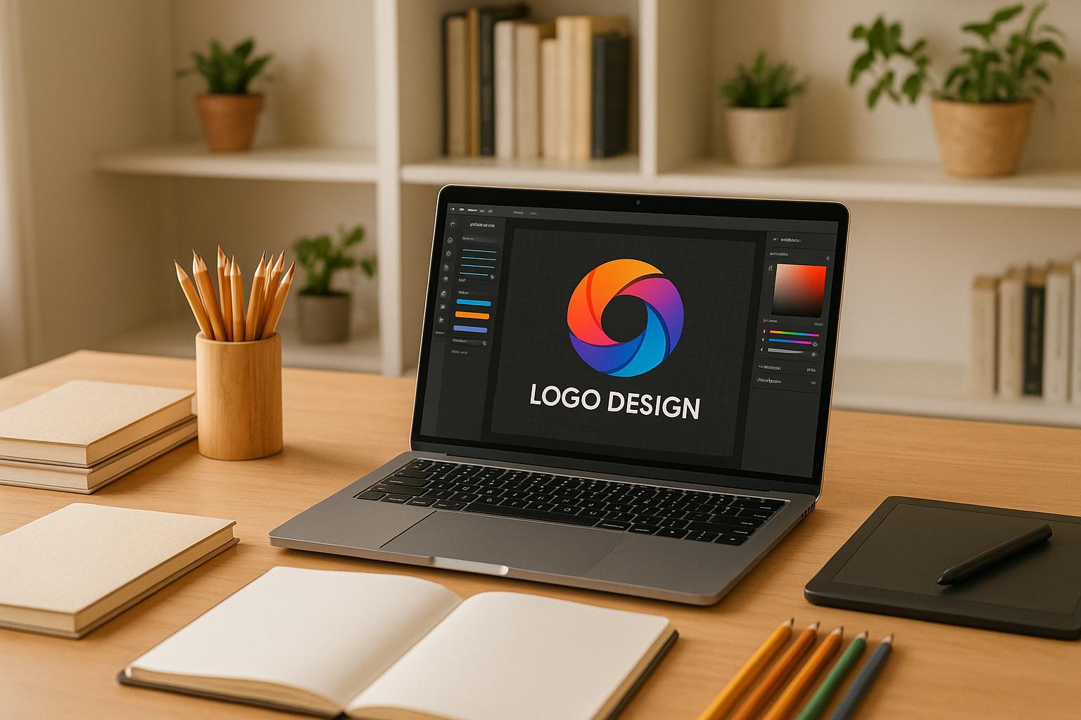 دیزاین لوگو با لپتاپ روی میز