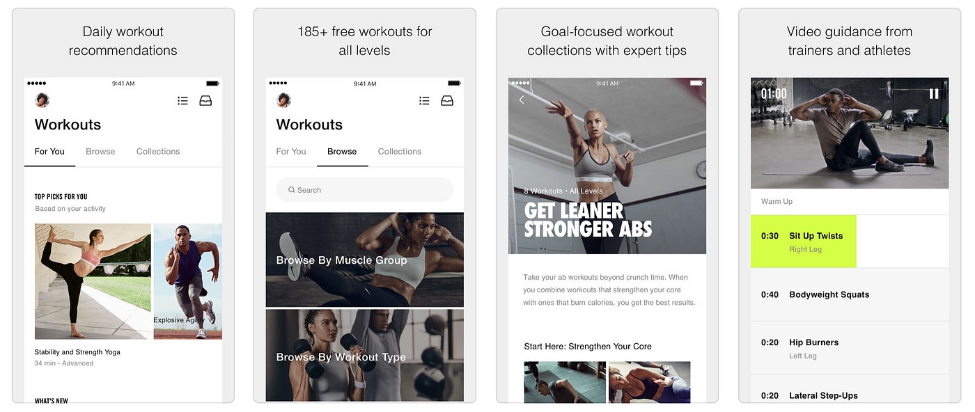 صفحه های اپ ورزشی Nike Training Club