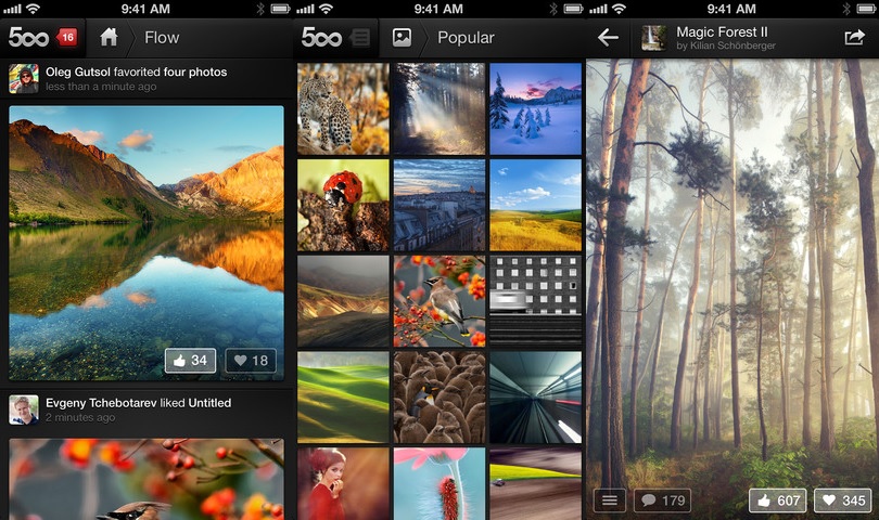 صفحه های اپ 500px