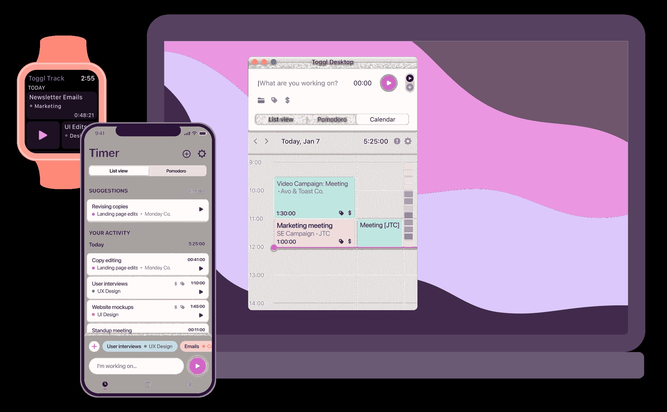 اپ Toggl Track برنامه ریزی درسی در تبلت موبایل ساعت هوشمند